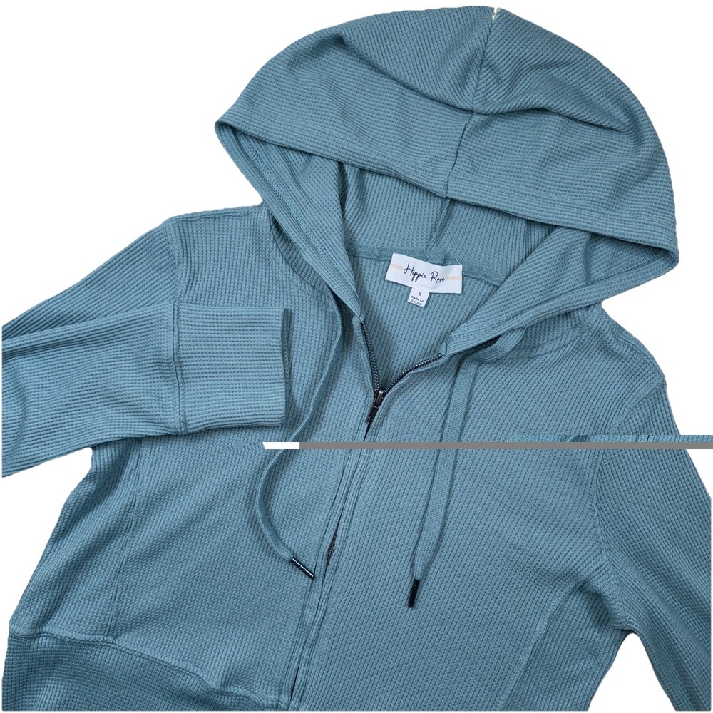 Hippie Rose Lounge Set Women Small Blue Waffle Knit Zip Hoodie Flare Pants 2pc